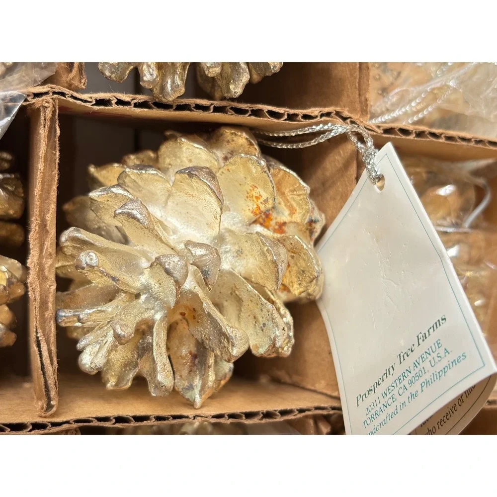 12 Pc Prosperity Tree Farms‎ Silver Pine Pinecone Christmas Ornaments Dipped